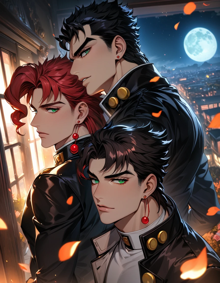 (absurdres, highres, ultra detailed, HDR), master piece, best quality, vibrant green eyes, Jotaro Kujo, black hair, Kakyoin, red hair, Jojo bizarre adventure, 2 gay men together, handsome, black leather coat, moon, petals, window