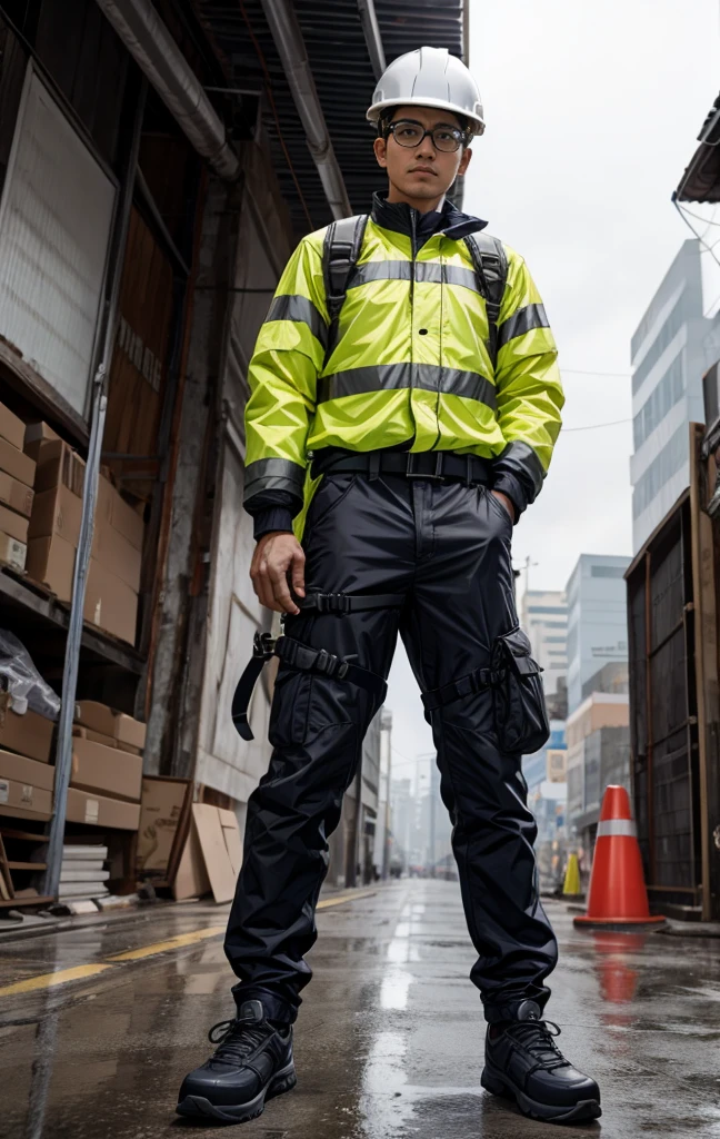 blank gray background,whole body, stand looking straight ahead, safety shoes , Korean men, safety gear, safety glasses, safety shoes, Seat Belts, hard hat