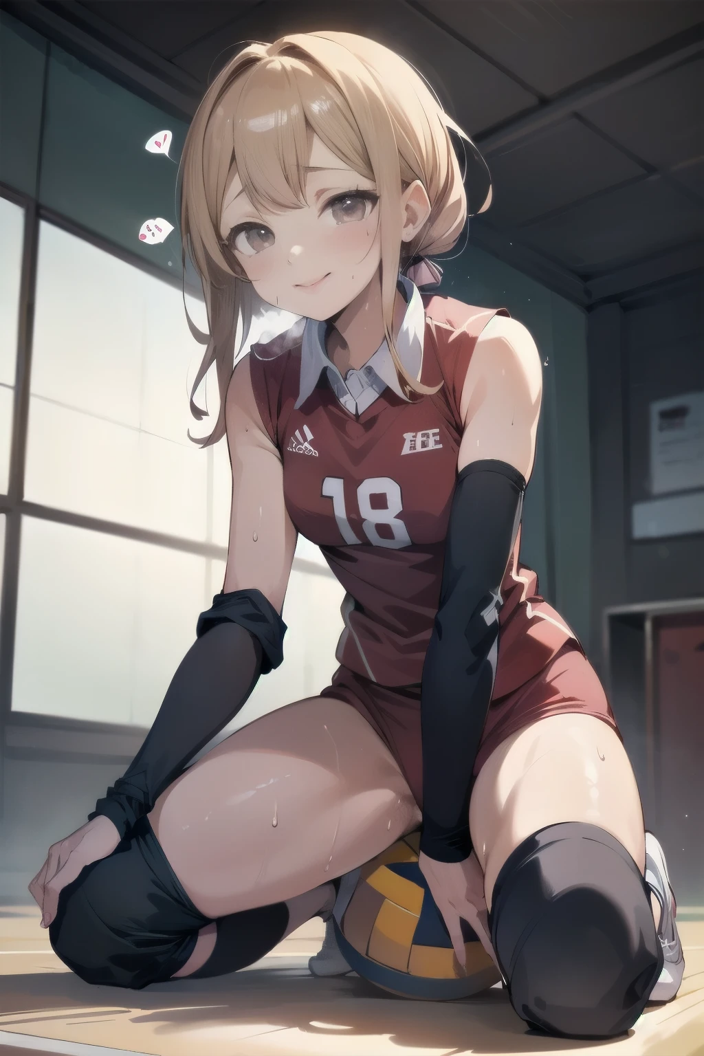 unity 8k wallpaper, anatomically correct, (((masterpiece))), (((best quality))), (((ultra detailed))), (((high-resolution))), ((Ultimate cutie)), perfect hands, perfect finger, (((good anatomy))), detailed beautiful face, shiny hair, (((gyaru))), (potbelly), (curvy), medium breasts, ((Thick thighs)), (((solo))), ((seductive smile)), (((blush))),
BREAK, (((sit astride the perfectly spherical shape 6-inch volleyball))), (((Straddling a perfectly spherical 6" volleyball))), (((Perfectly spherical 6" volleyball fits perfectly crotch))), BREAK, (((Rub the Perfectly spherical 6" volleyball against crotch))), (masturbation),
BREAK, (Collared volleyball uniforms), sleeveless, ((buruma)), ((kneepad)), pussy juice stained, (elbow pad), (((sweat))), (((covered in sweat))), ((deep breathing)), in Volleyball Court, indoor, lighting, looking at viewer, full body, (spoken heart)