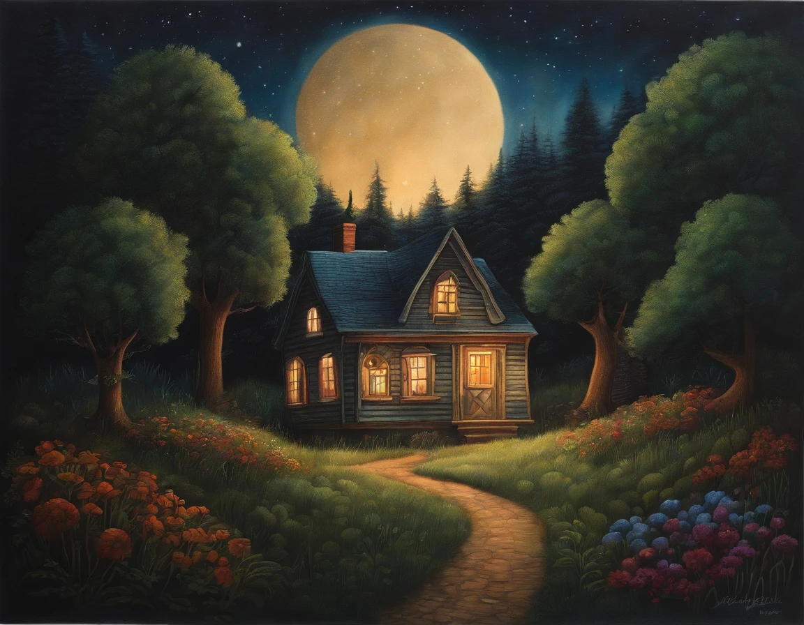 Inept 's drawing with colored pencils on white paper, quiet night over a small forest house, naive pixar