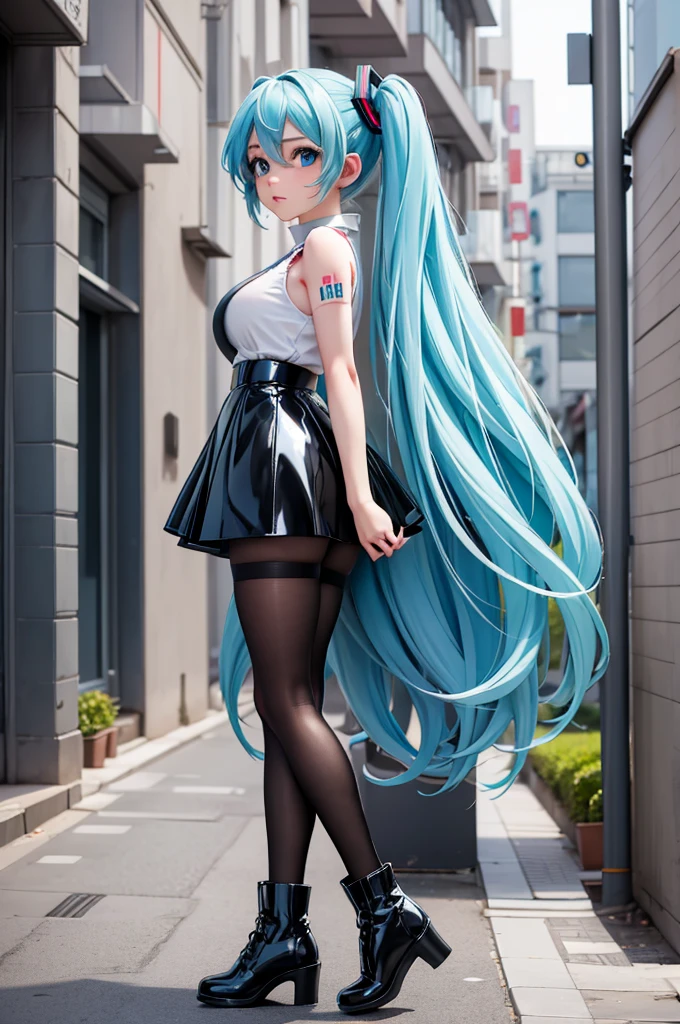 a girl, light blue hair, Hatsune Miku style hairstyle, blue eyes, 20 years old, In Berlin, modern city, better quality, artwork, plump, , Black latex skirt, Top quality latex, 