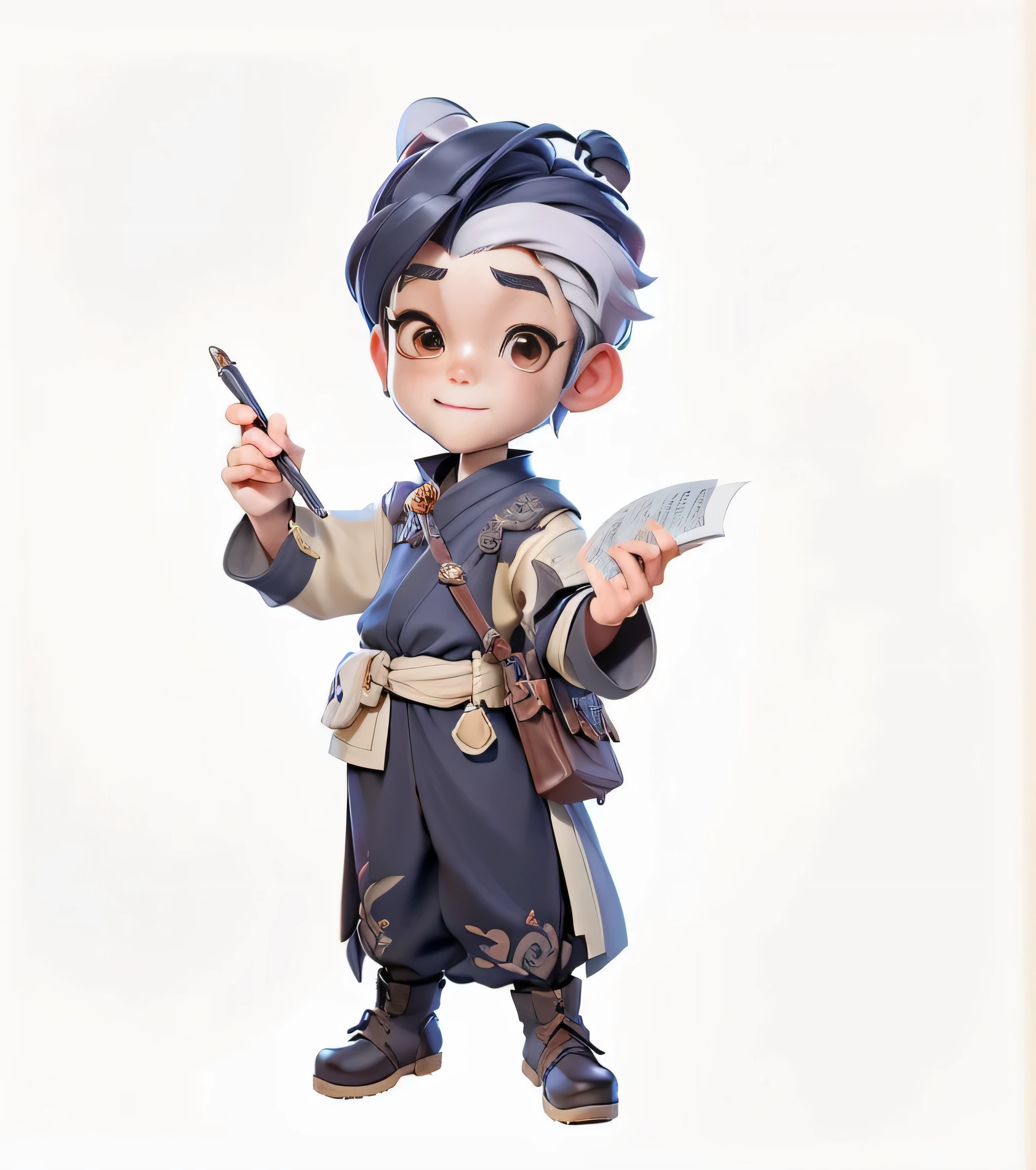 Boy anime character holding a pen and scroll, High quality character design, Inspired by Dong Yuan, Official character illustrations, young wizard, Detailed character art, Professional character design, official character art, Monk concept art, character artwork, rpg character, Detailed character design, official concept art, rpg character art, Inspired by Cao Zhibai