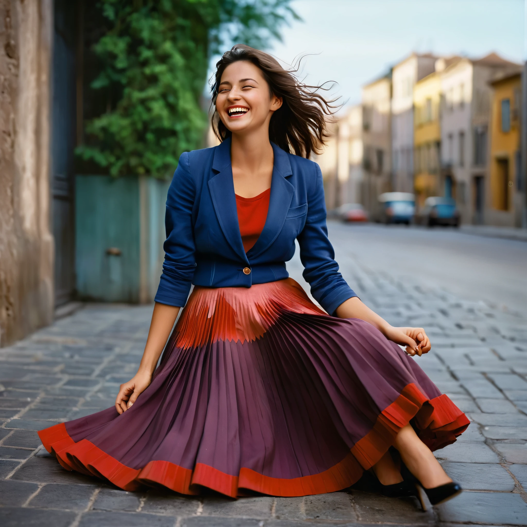 A smiling, authentic, (shy:1,3), kind, beautiful woman, is passionately in love with her skirt, sitting down on the ground while wind lifts her skirt, wearing short blazer and very, very detailed (long (fully pleated) full circle skirt) and (low heeled court shoes), very, very intricate hyper-detailed symmetric (attractive graceful young feminine face) with (sad, tired eyes and a loving smile), very voluptuous breasts, full of empathy and compassion and love, (pronounced (feminine) features), (highly detailed ultra accurate realistic) hands and fingers, (windy), epic composition, highly detailed attributes, (35mm f1.4 Kodak portra 400 photograph), extremely high quality RAW photograph, highly detailed atmosphere, sci-fi, cinematic shot, dynamic lighting, 75mm, Technicolor, Panavision, cinemascope, sharp focus, fine details, 8k, HDR, realism, realistic, key visual, film still, superb cinematic color grading, depth of field