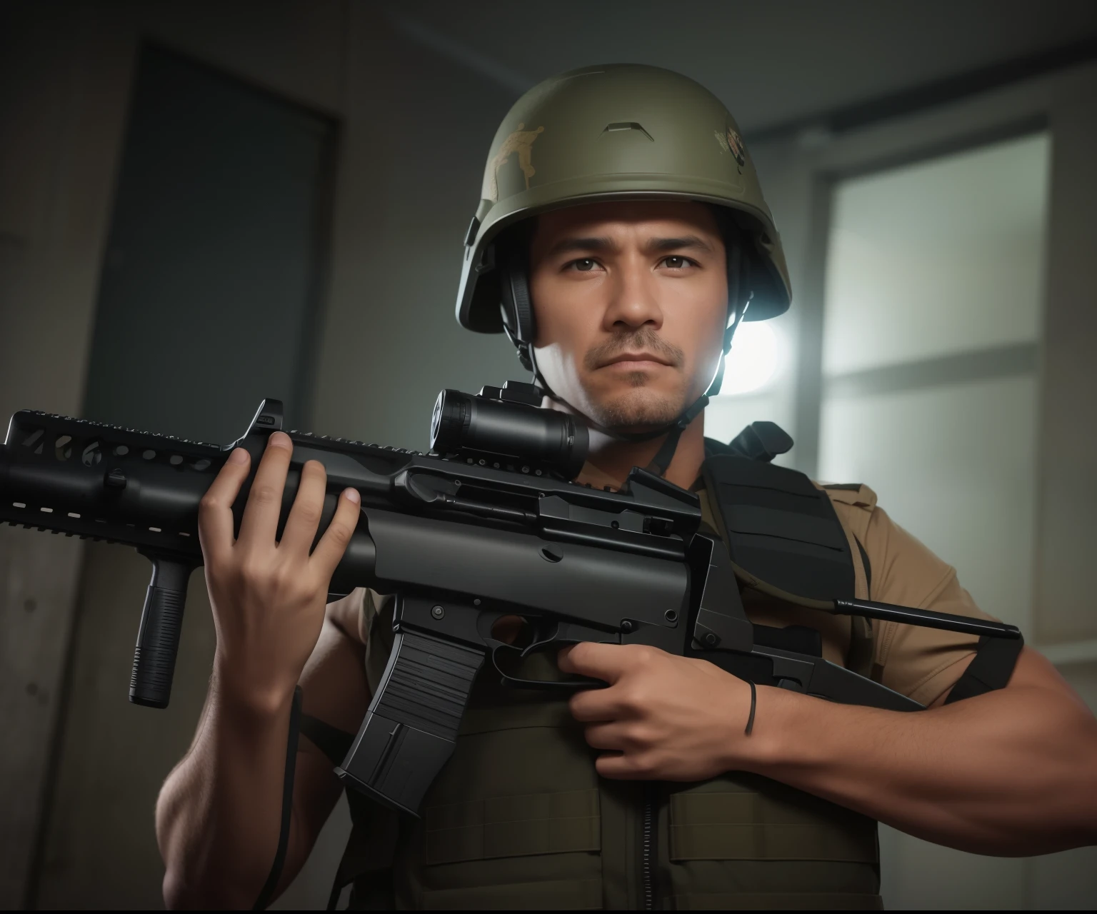there is a man in a helmet holding a gun, holding a mp7, man is carrying a rifle, holding pdw, wielding assault rifle, looks like jerma985, holding a weapon, portrait of a navy seal soldier, airsoft cqb, with rifle in hands, wearing tactical gear, holding a rifle, armed with edged weapons, with rifle, security agent, laboratory room backdrop