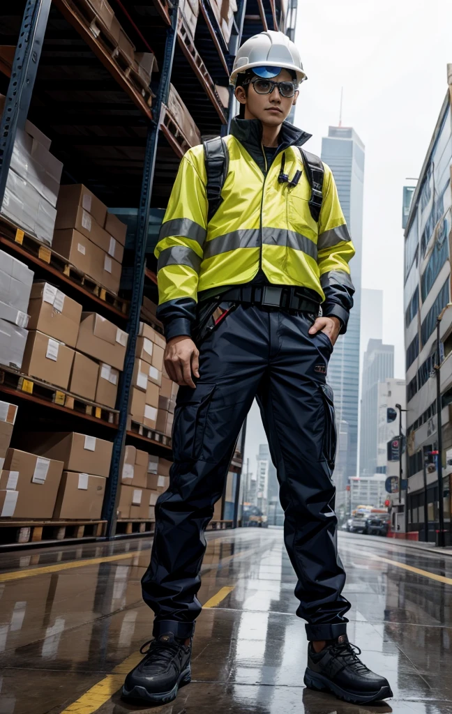 Lotte Tower background in Korea,whole body, stand looking straight ahead, safety shoes , Korean men, safety gear, (safety glasses:1.4), safety shoes, Seat Belts, hard hat, safety vest, Labacorn, Forklift