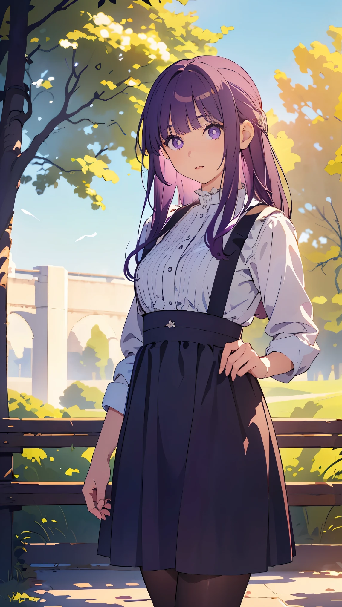 Girl1,purple hair,(Pinafore Dress),(Stand in a public park),Highly detailed ,8K wallpapers،Highest quality, high resolution, beautiful lighting, realistic shadow, high resolution،(highly detailed, detailed faces and eyes, realistic eyes,full body,Looking at the viewer,cowboy shot) 