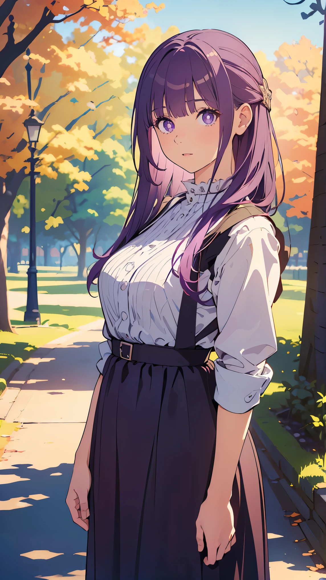 Girl1,purple hair,(Pinafore Dress),(Stand in a public park),Highly detailed ,8K wallpapers،Highest quality, high resolution, beautiful lighting, realistic shadow, high resolution،(highly detailed, detailed faces and eyes, realistic eyes,full body,Looking at the viewer,cowboy shot) 