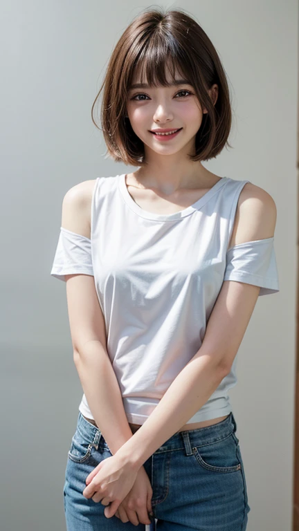highest quality, masterpiece, ultra high resolution, (realistic:1.4), 20-year-old,1 girl,super high quality,8K,thinウエスト,thin脚,thin and beautiful arms,beautiful fingers,((Super realistic image quality)),sale eye makeup,thin,Medium chest,soft chest,(((生地thin短いタイトなTshirt and pants only))),The shirt is short、 ,,beautiful breasts,((straight hair to shoulders)),((Bangs short hair)),realistic,picture media chest)),((toothy smile)),((big smile))