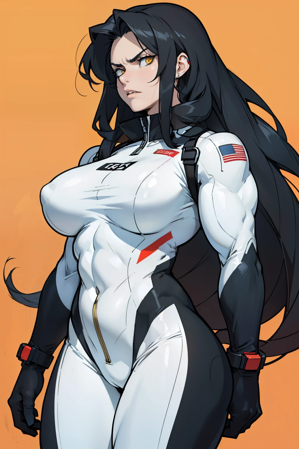 angry girl pale skin (((((muscular girl))))) (((thick))) (((large breasts))) pilot suit bodysuit black hair yellow eyes very long hair very long hair very long hair