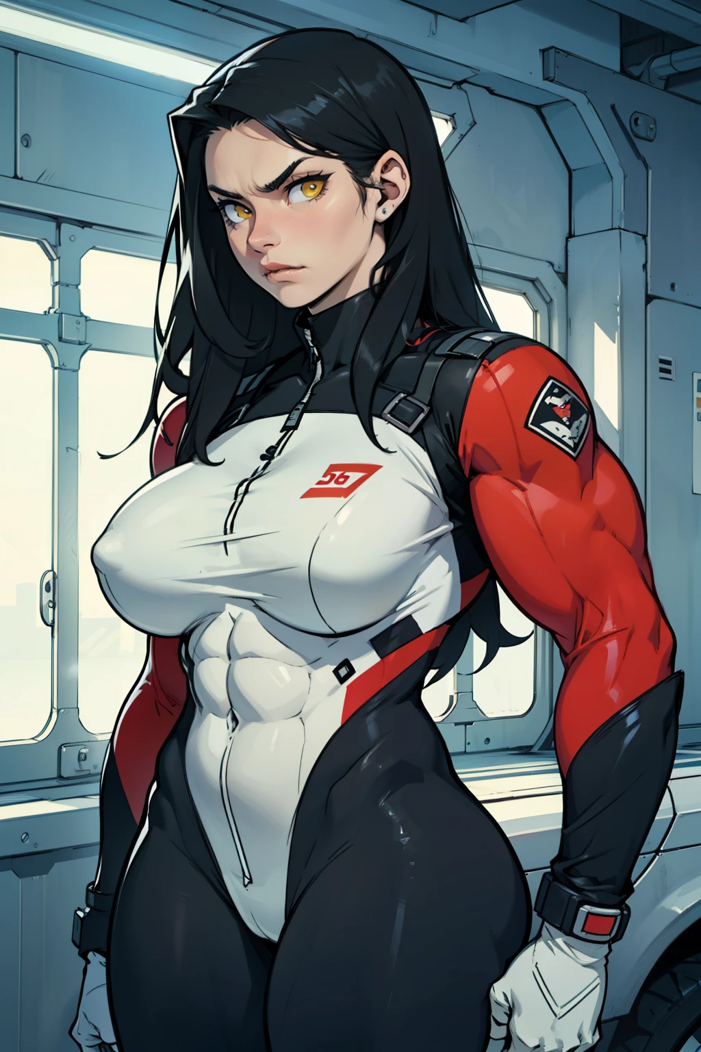 angry girl pale skin (((((muscular girl))))) (((thick))) (((large breasts))) pilot suit bodysuit black hair yellow eyes very long hair very long hair very long hair