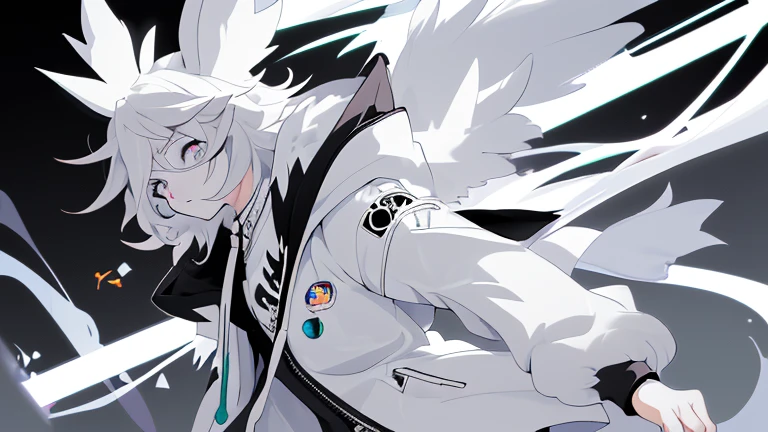 Un Femboy furry,pelaje blanco,cuernos de reno,cola esponjosa blanca,4 ojos color negro,estilo kemono,utiliza un abrigo de color gris,esta serio y enojado