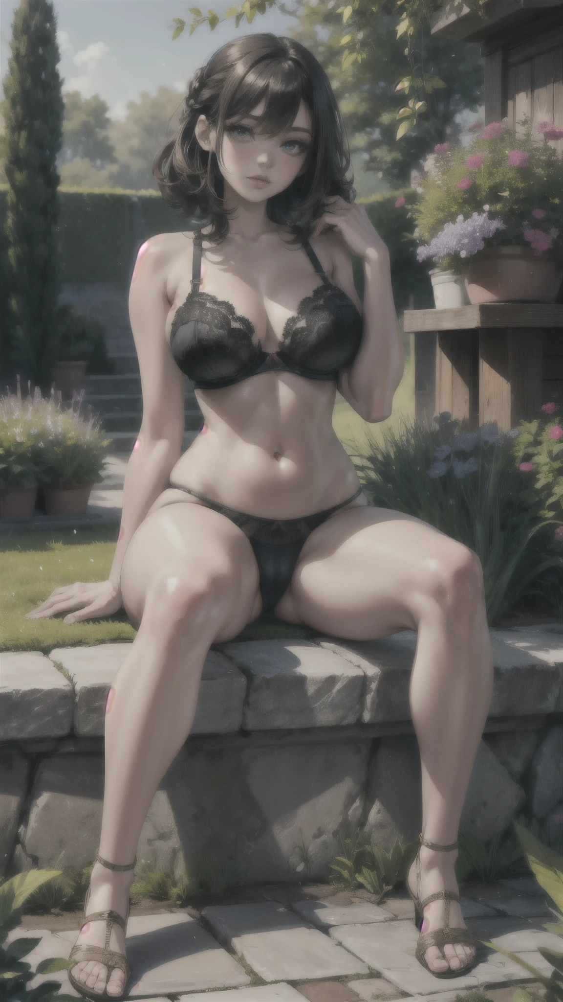 (Raw photo:1.2), (Photorealistic), Beautiful detailed girl, Very detailed eyes and face, Beautiful detailed eyes, Huge file size, High resolution, Very detailed, Best Quality, [masterpiece:1.6], Illustration, Very detailed, Fine detail, Best Quality, 32K Wallpaper, intricate details, in the garden, colorful flowers, beautiful young woman, short height, pixie cur hair, medium breast, low cut cotton panties and bra, full body photo, cameltoe, sitting