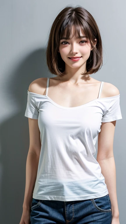 highest quality, masterpiece, ultra high resolution, (realistic:1.4), 20-year-old,1 girl,super high quality,8K,thinウエスト,thin脚,thin and beautiful arms,beautiful fingers,((Super realistic image quality)),sale eye makeup,thin,Medium chest,soft chest,(((生地thin短いタイトなTshirt and pants only))),The shirt is short、 ,,beautiful breasts,((straight hair to shoulders)),((Bangs short hair)),realistic,picture media chest)),((toothy smile)),((big smile))、No bra、The presence of nipples is visible