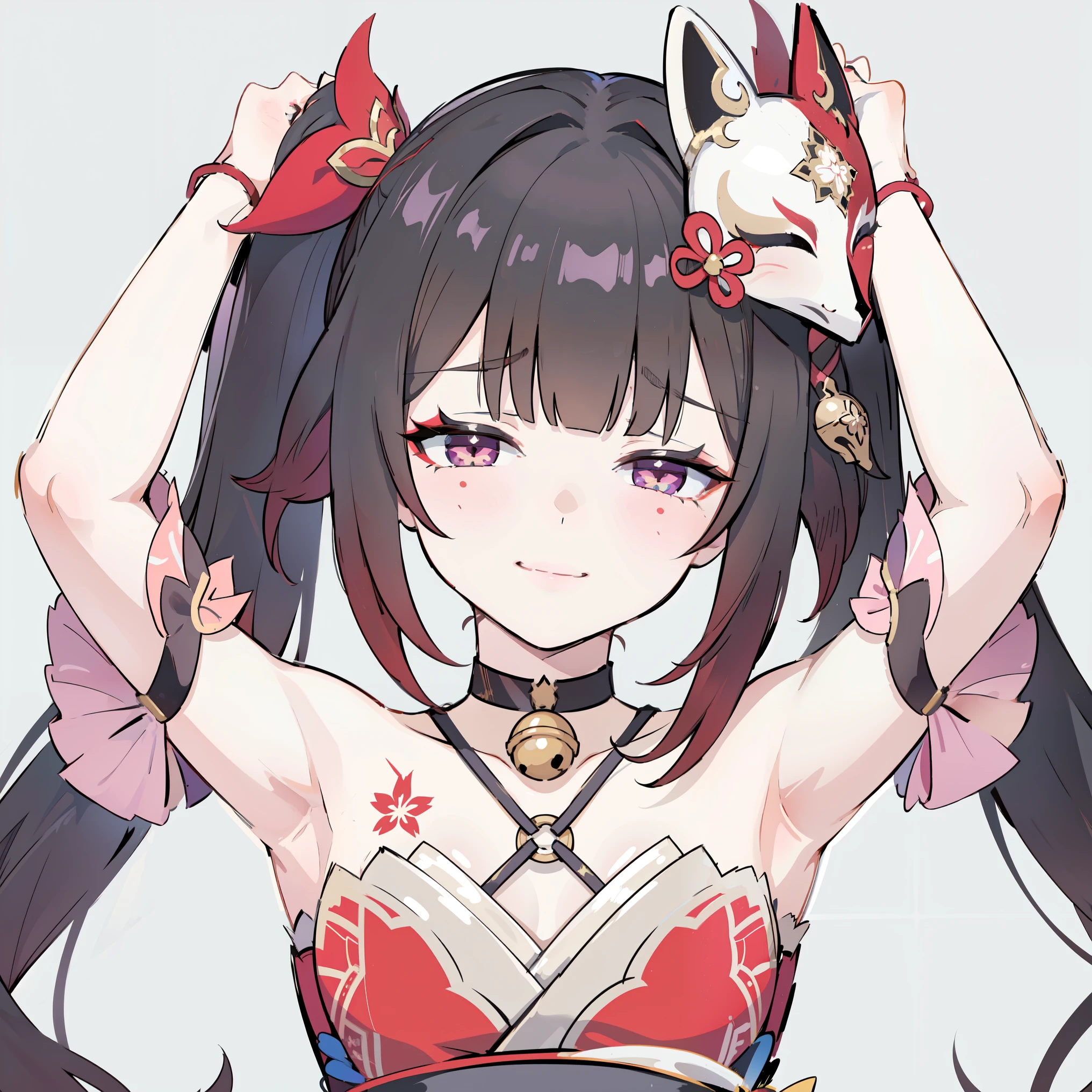 1girl, solo, sparkle \(honkai: star rail\), small breasts, twintails, hair ornament, solo, off shoulder kimono, mask on head, detached sleeves, choker, obi, wristband, criss-cross halter, thigh strap, blush, face closeup, portrait, looking at viewer, gasping, ???????, head tilt, (arms up, armpits), seductive smile, sharp smile, smug, Gray background, masterpiece, best quality