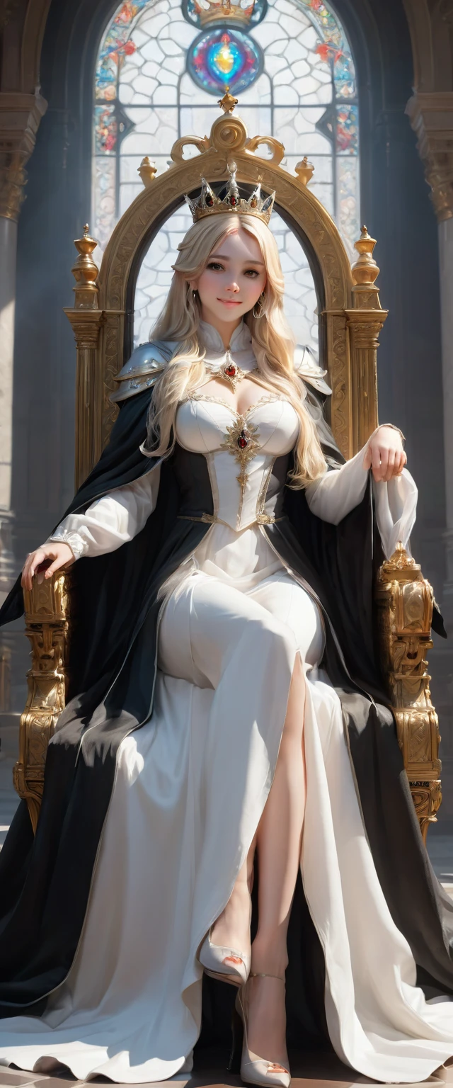Grateful girl, blonde long hairs, with white dress and black cloak, the crown in the head, sit in the throne, she is very kind, she have sweety smile, full body, high quality, high details, artistic style, respectful attitudeextremely detailed) CG unity, 8k wallpaper, (cinematic angle)