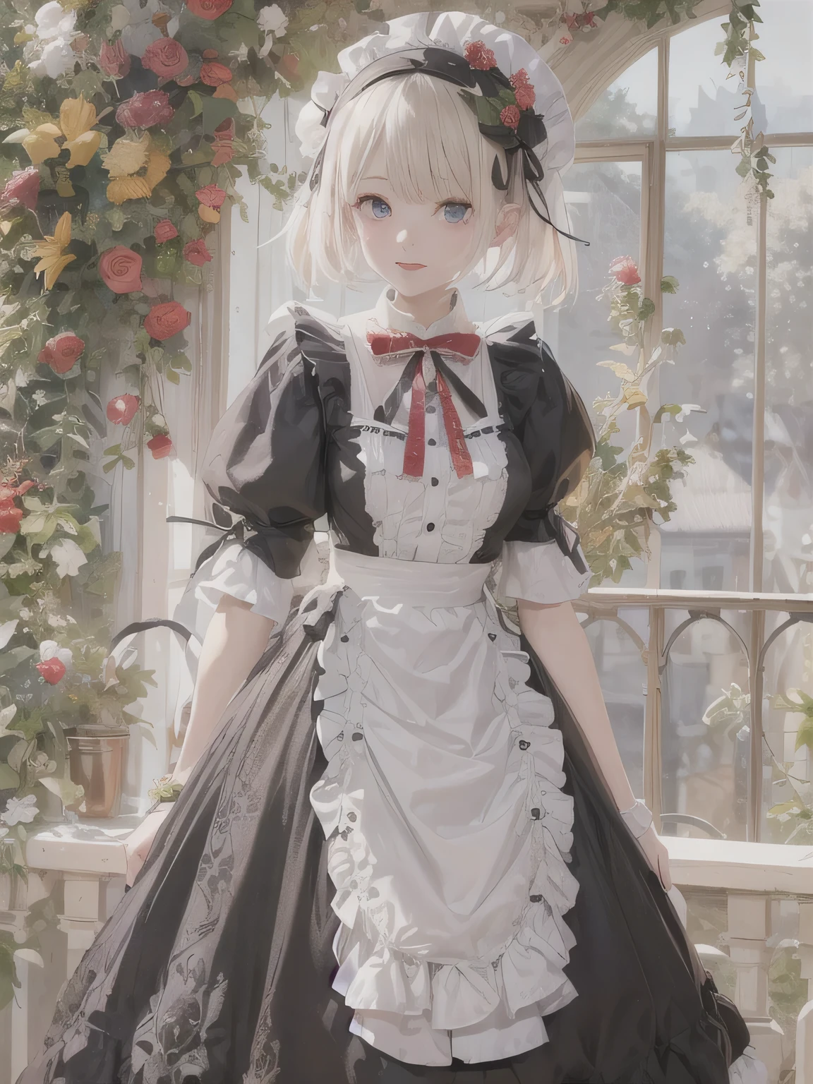 elvish, teens girl, solo, full bodyesbian, platinum-blonde,Twin-tailed, blue eyes, Smiled, Standing, Greetings at Curtsy, 
maid clothes(Solid black short dress, puff sleeves, Knee-length short dress, White cuffs with sleeves, 1 black button on cuffs, The collar is white, White Apron Dress(Shoulder buttons, White lace ruffles at shoulder straps, Big ribbon knot at the back))
Red Ascot Thailand, 
Head headband with white lace ruffles, 
Black garter stockings,
Black garter belt(Red flower embroidery on Boston)
white panniers(Lots of frills, The hem of the pannier is lace), 
Black enameled shoes(high-heels),
Mucha style background
