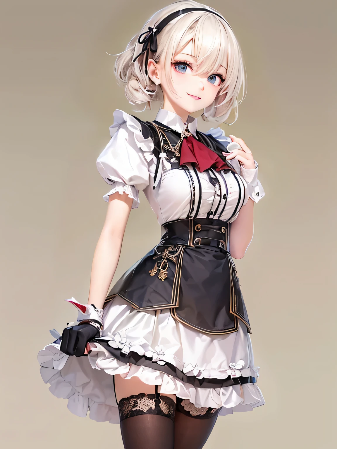elvish, teens girl, solo, full bodyesbian, platinum-blonde,Twin-tailed, blue eyes, Smiled, Standing, Greetings at Curtsy,
maid clothes(Solid black short dress, puff sleeves, Knee-length short dress, White cuffs with sleeves, 1 black button on cuffs, The collar is white, White Apron Dress(Shoulder buttons, White lace ruffles at shoulder straps, Big ribbon knot at the back))
Red Ascot Thailand,
Head headband with white lace ruffles,
Black garter stockings,
Black garter belt(Red flower embroidery on Boston)
white panniers(Lots of frills, The hem of the pannier is lace),
Black enameled shoes(high-heels),
Mucha style background