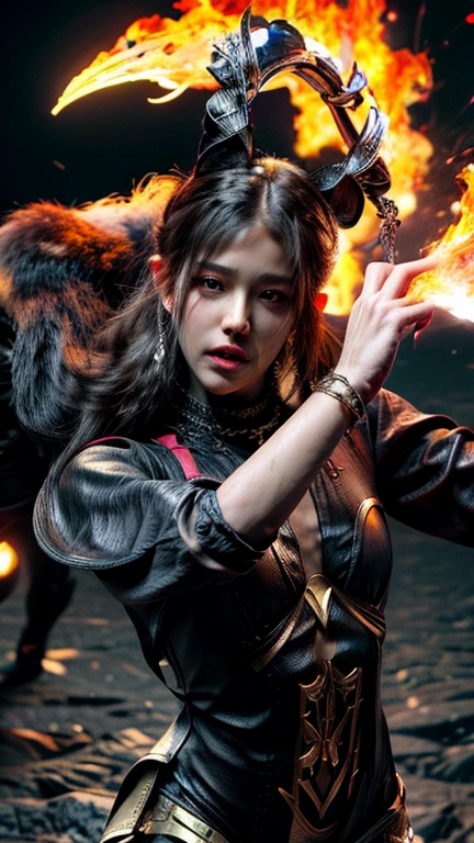 a close up of a person with a black face, Afro American man, black twisted Afro, black hair, beard, muscular, melanated genes, Nubian American dna, black man, God, Face resembling Rhea Ripley, warrior energy, black long sleeve shirt with silver embroidered typography on sleeve, intricate design on shirt, Crimson Red Flame Aura,Nebular Diamond link chain draped around neck, Kristopher Daniel, stud ear piercing made out of diamond, anime art wallpaper 4 k, high resolution, beast form,anime art,masculine, black man, glowing eyes, muscular,badass, calm, patient, compassionate, attractive, naturally charming-graceful, anime 8 k, anime epic artwork, 4 k manga wallpaper, embodied cool sense of being, ultra hd anime wallpaper