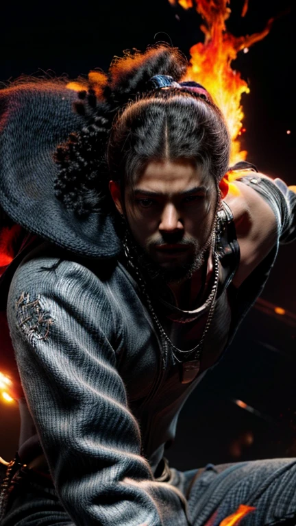 a close up of a person with a black face, Afro American man, black twisted Afro, black hair, beard, muscular, melanated genes, Nubian American dna, black man, God, Face resembling Rhea Ripley, warrior energy, black long sleeve shirt with silver embroidered typography on sleeve, intricate design on shirt, Crimson Red Flame Aura,Nebular Diamond link chain draped around neck, Kristopher Daniel, stud ear piercing made out of diamond, anime art wallpaper 4 k, high resolution, beast form,anime art,masculine, black man, glowing eyes, muscular,badass, calm, patient, compassionate, attractive, naturally charming-graceful, anime 8 k, anime epic artwork, 4 k manga wallpaper, embodied cool sense of being, ultra hd anime wallpaper