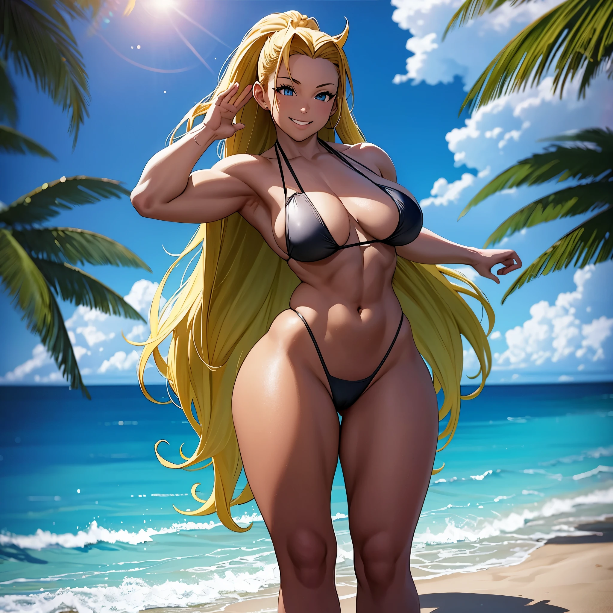 Thick cammy white posing in the beach. Big smile, wide hips, small waist, toned leg muscles, sky, clouds, shiny skin, ultra detailed.