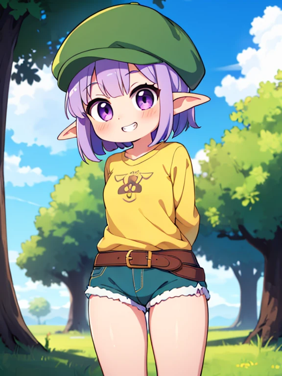 1girl, (young), (chibi), ((goblin girl)), ((green skin)), purple hair, (short hair), messy hair, ponytail, big eyes, purple eyes, smile, teeth, yellow shirt, brown shorts, sandals, arms behind back, ((cowboy shot)), trees, blue sky, best quality, (fantasy), ((link cap))