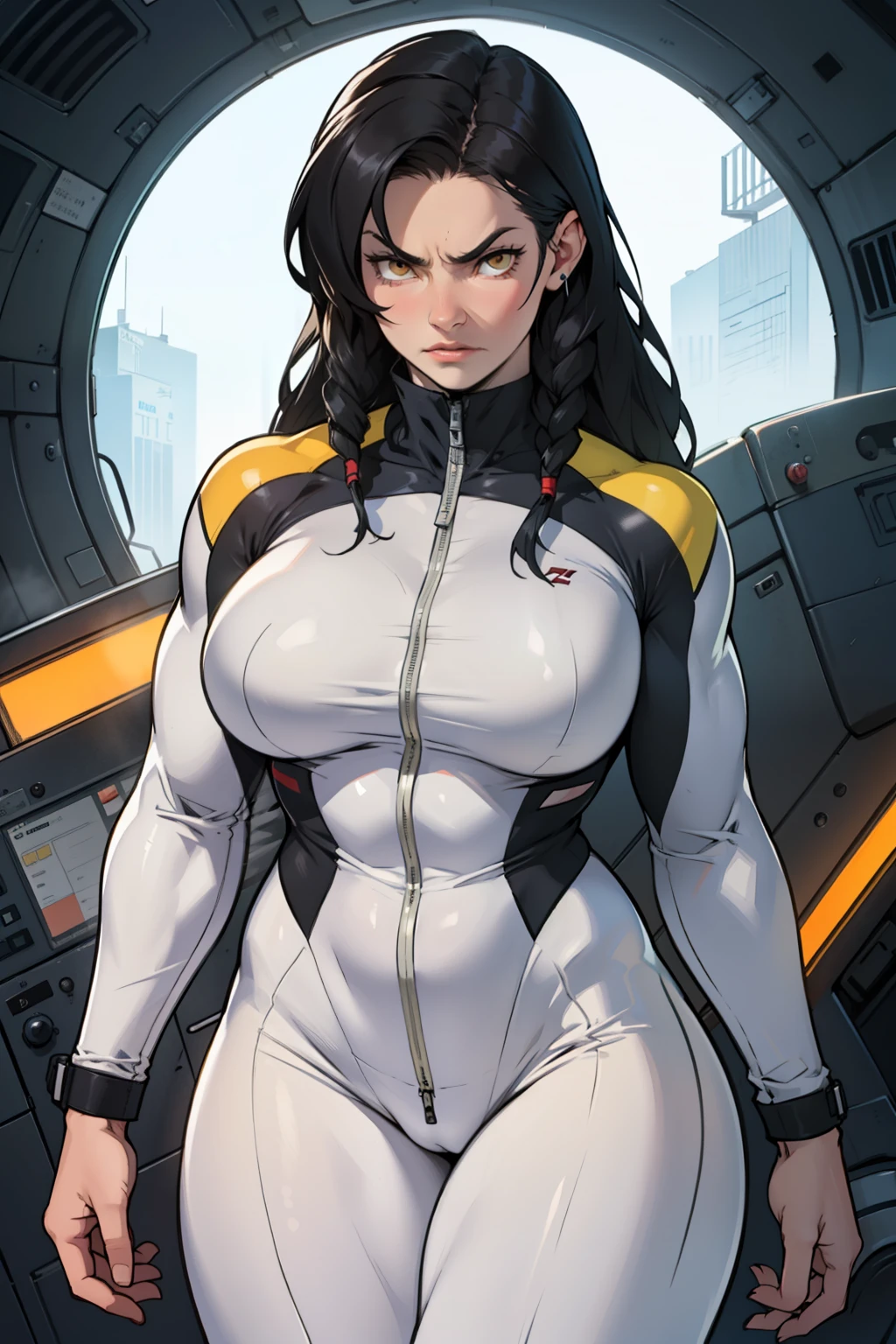 angry girl pale skin (((((muscular girl))))) (((thick))) (((large breasts))) pilot suit bodysuit black hair yellow eyes very long hair very long hair very long hair