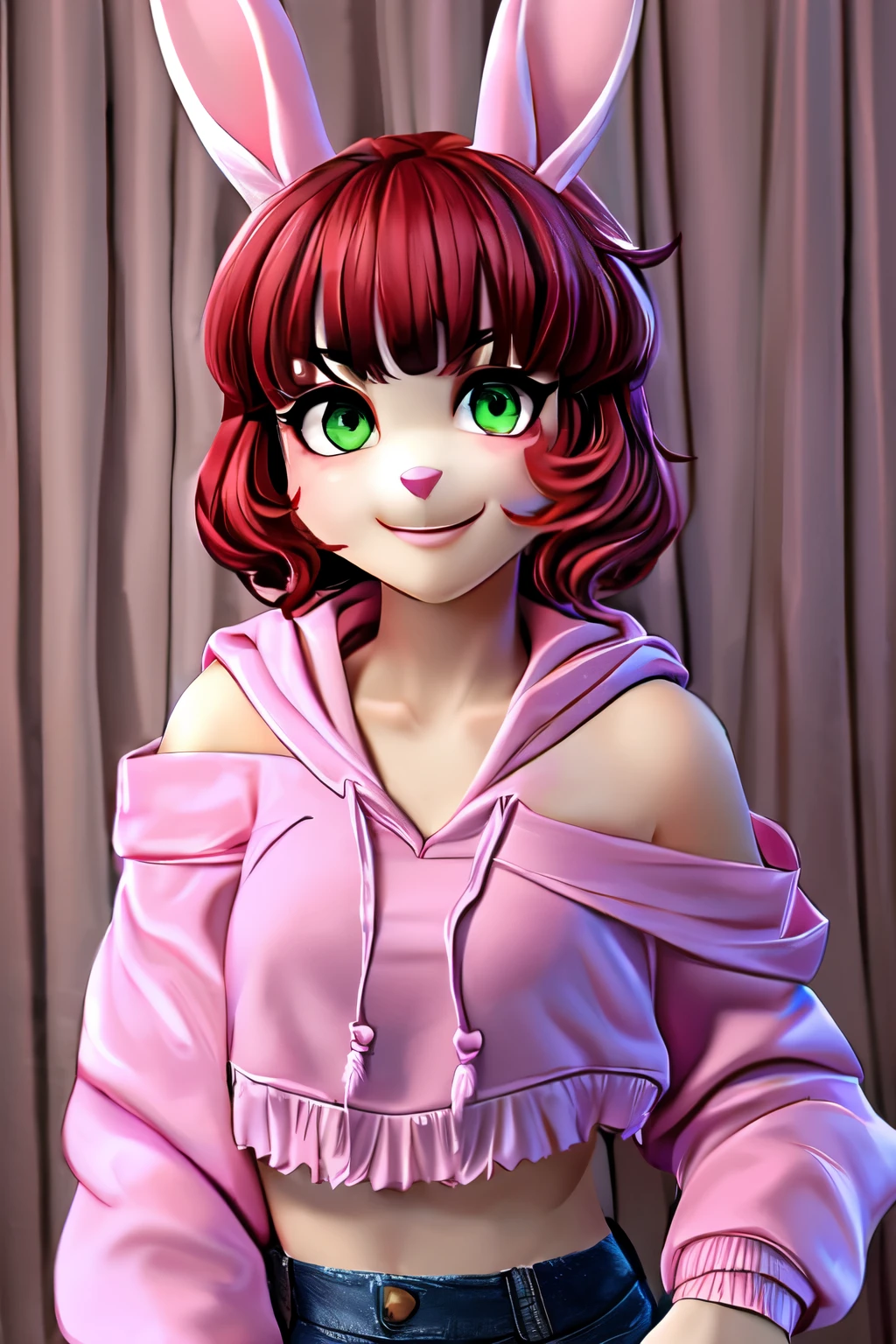 (8K、Highest image quality、highest quality、masterpiece)、detailed face、((furry))、bunny cat hybrid、bunny ears, cat tails, black and white fur、Panda fur、((2 tails))、((1 girl))、red hair、short hair、wavy hair、asymmetric bangs、purple right eye, green left eye、cute smile、((determined))、、small breasts, ((Ruffled pink clothes))、off shoulder、((pink hoodie))、lesbian flag shirt、((crop top))、cute pose、cowboy shot、Take from below、bedroom background、 playing video games