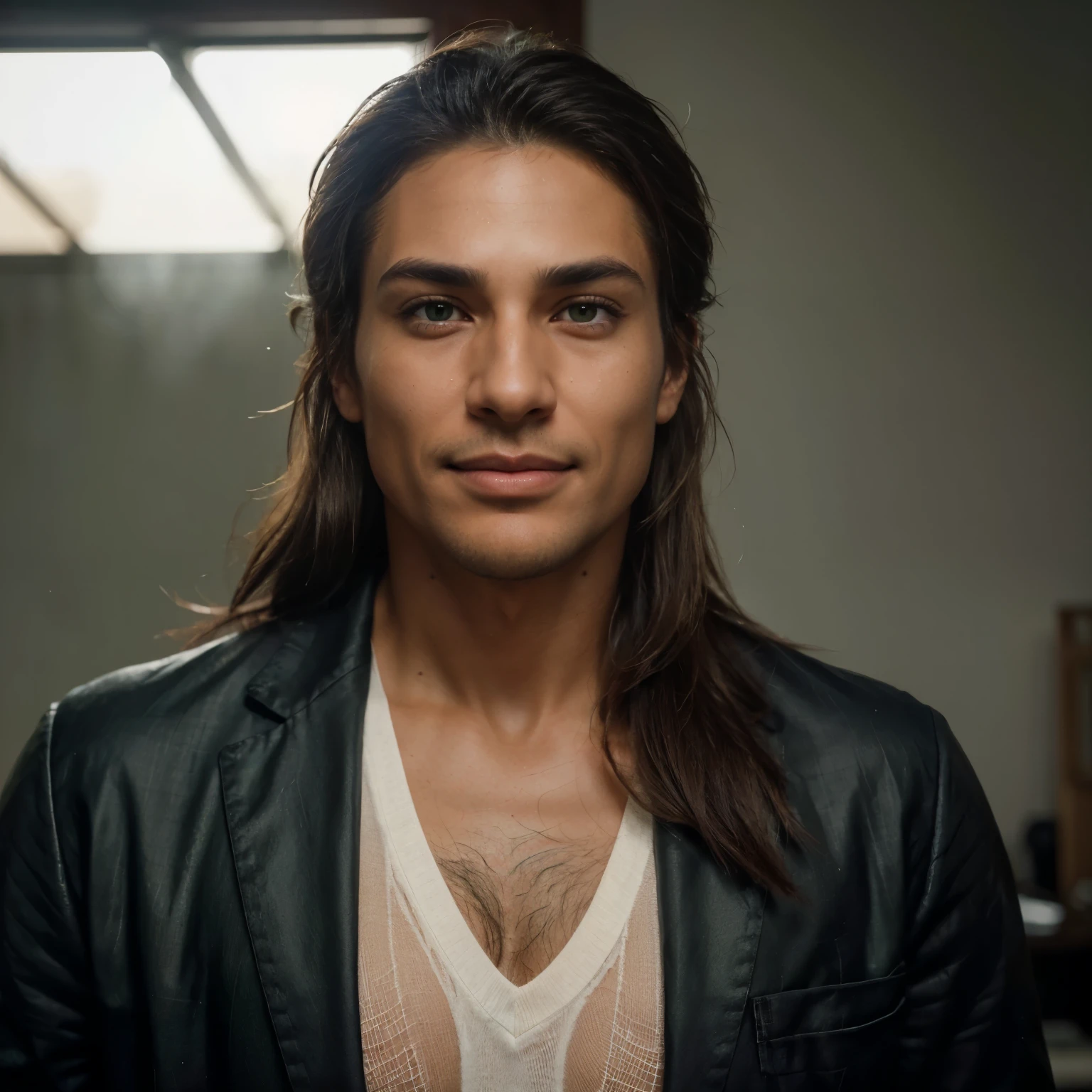 (realistic,photorealistic:1.37),male,30 years,delicate details,mullet short hair,heterochromatic eyes brown and green,caramel skin,medium beard,exquisite facial,perfectly groomed eyebrows,strong and defined cheekbones,natural expression,impeccable skin texture,detailed wrinkles,cheerful smile,