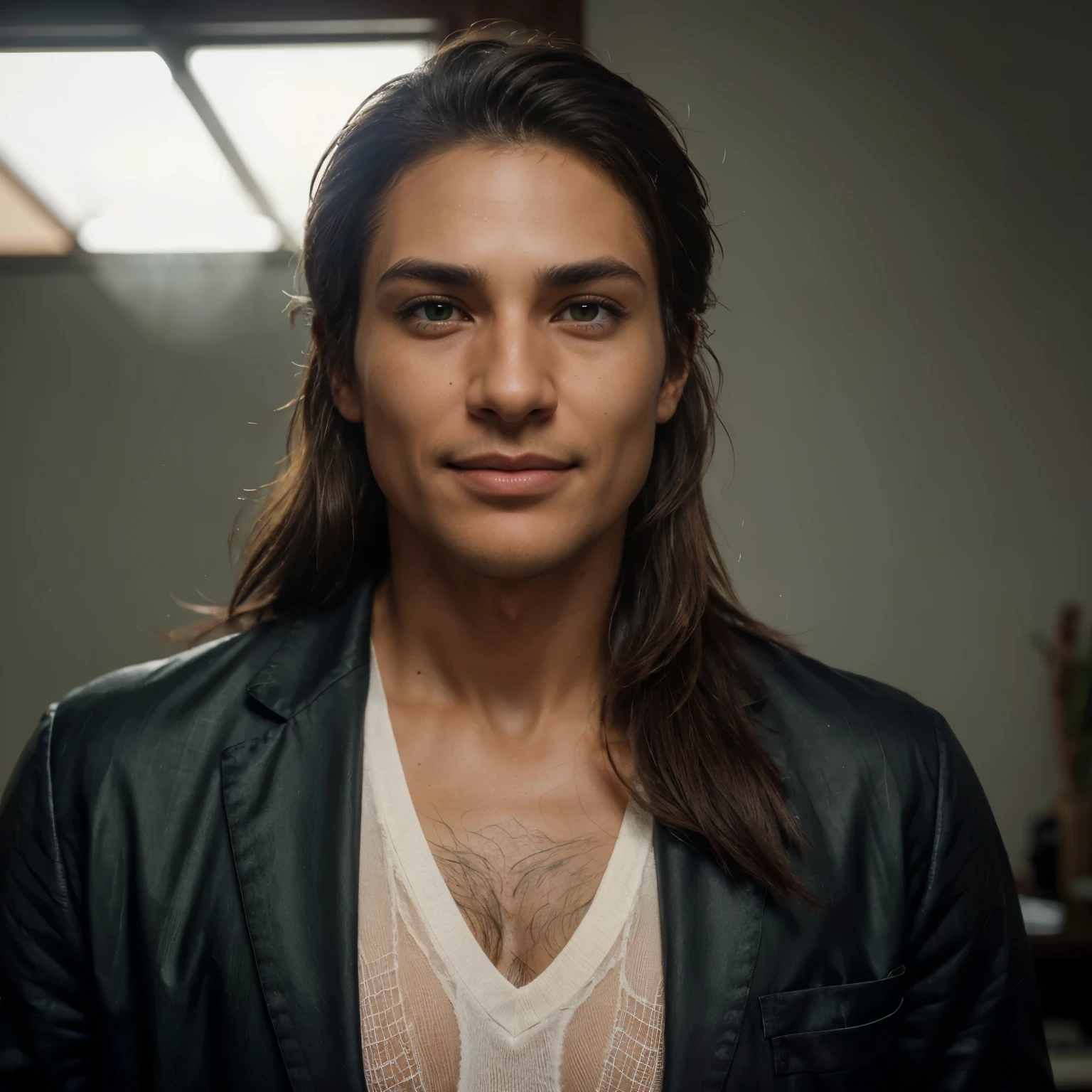 (realistic,photorealistic:1.37),male,30 years,delicate details,mullet short hair,heterochromatic eyes brown and green,caramel skin,medium beard,exquisite facial,perfectly groomed eyebrows,strong and defined cheekbones,natural expression,impeccable skin texture,detailed wrinkles,cheerful smile,