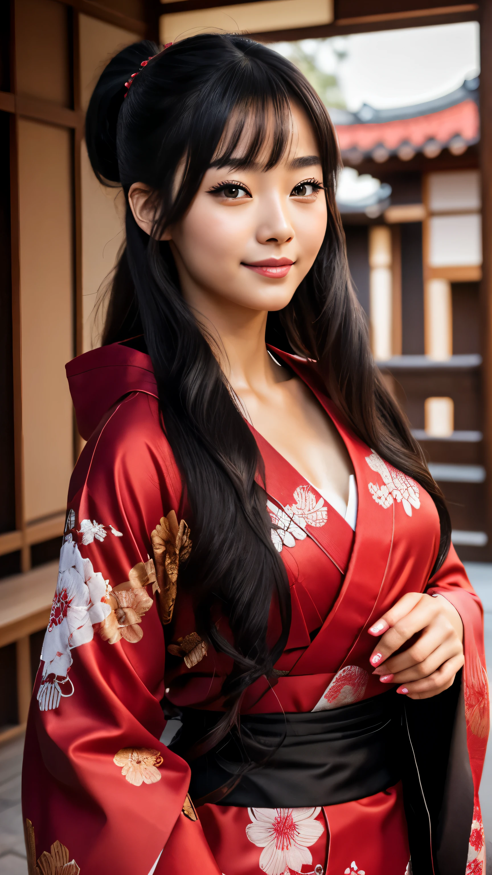 (masterpiece), highest quality, expressive eyes, Beautiful cartoon Japanese woman with perfect face, cartoon cute anime, beautiful japanese kimono, The kimono has a dragon embroidered on it... black and red kimono colors, Japanese women's long hair, black hair color, ponytail hairstyle, single eyelid, hooded eye style, sensual, Sank, fascinating and mysterious., facial expressions smile., beautiful photo situation.
