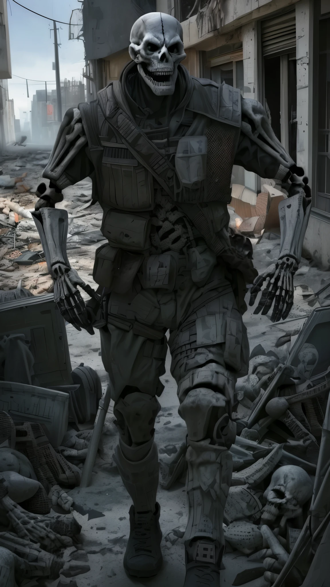 Military man in a skeleton mask with an Ak47 in his hands in an abandoned city