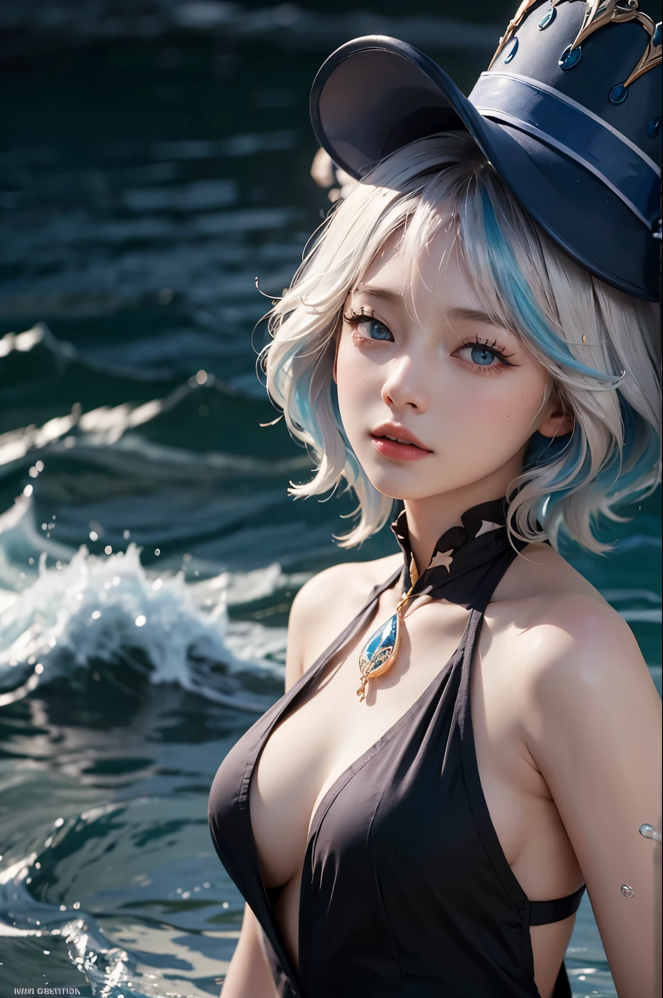 Chic, Hourglass body, short white-hair, (((Micro Black Bikini))) , 8k picture, Best Quality, ((((Micro Bikini)))), Beach, ((((bottom-up view)))), (((Micro Bikini))), (((White shiny skin)))
