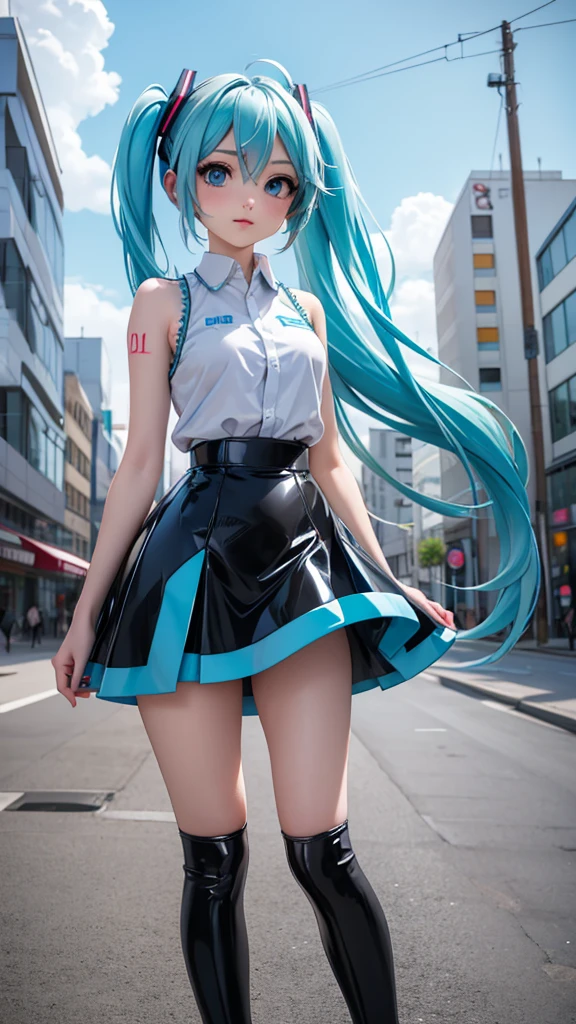 a girl, light blue hair, Hatsune Miku style hairstyle, blue eyes, 20 years old, In Berlin, modern city, better quality, artwork, plump, , Black latex skirt, Top quality latex, 