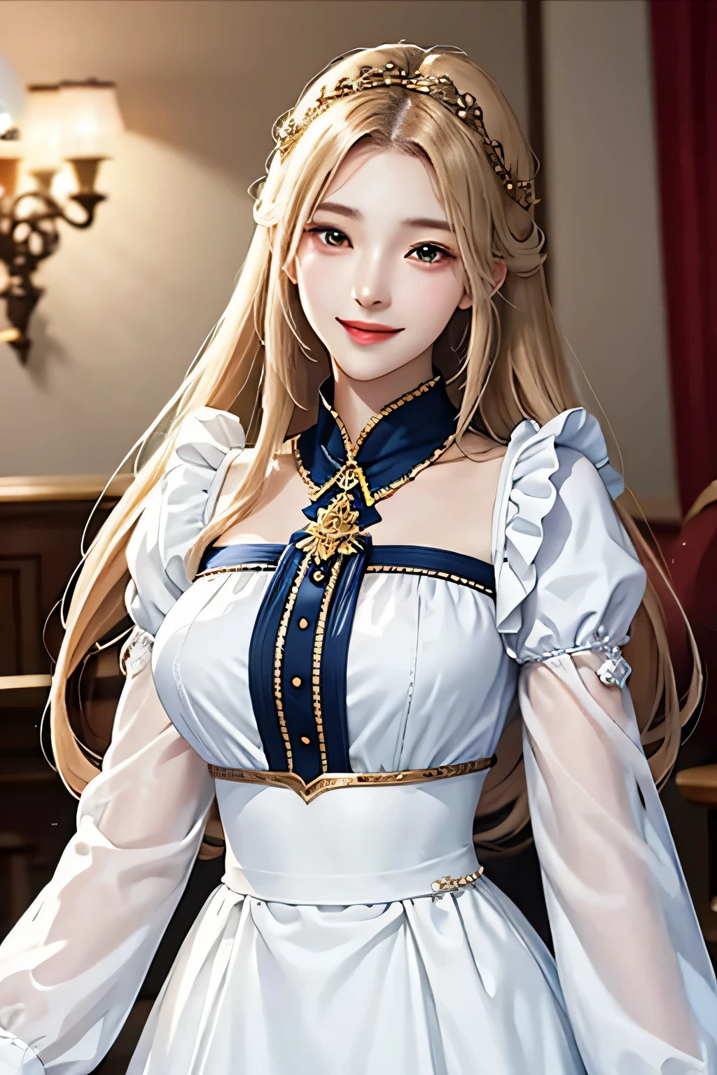 18 year old beautiful girl, Big eyes, big breasts,  and thin, 8K, highest quality, (Highly detailed head: 1.0), (highly detailed face: 1.0), (very fine hair: 1.0), Maid clothes, Highly detailed official artwork, anime moe art style, clean detailed anime art, smile, golden hair, Smooth long hair