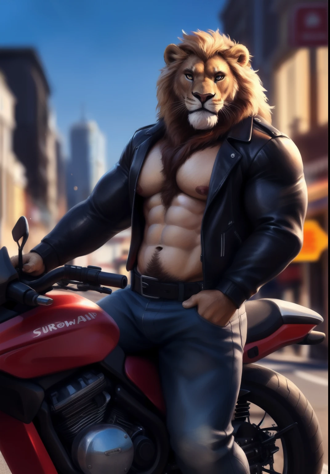 Lion, male, solo, adult, abs, big pecs, nipples, older, strong muscles, security guard outfit, long mane, detailed face, beautiful eyes, motorcycle, riding a motorcycle, black jacket, open jacket, dark blue jeans pants, showing chest, open shirt, muscular chest, muscular, seductive face, bodybuilder body, beefy, utility belt, streets Background, looking at viewer, by bruteandbrawn, by personalami, by kenket, (intricate, high detail, film photography, soft focus, RAW candid cinema,
photorealism, realistic, photorealistic, analog style, subsurface scattering,
masterpiece, best quality, ultra realistic, 8k)