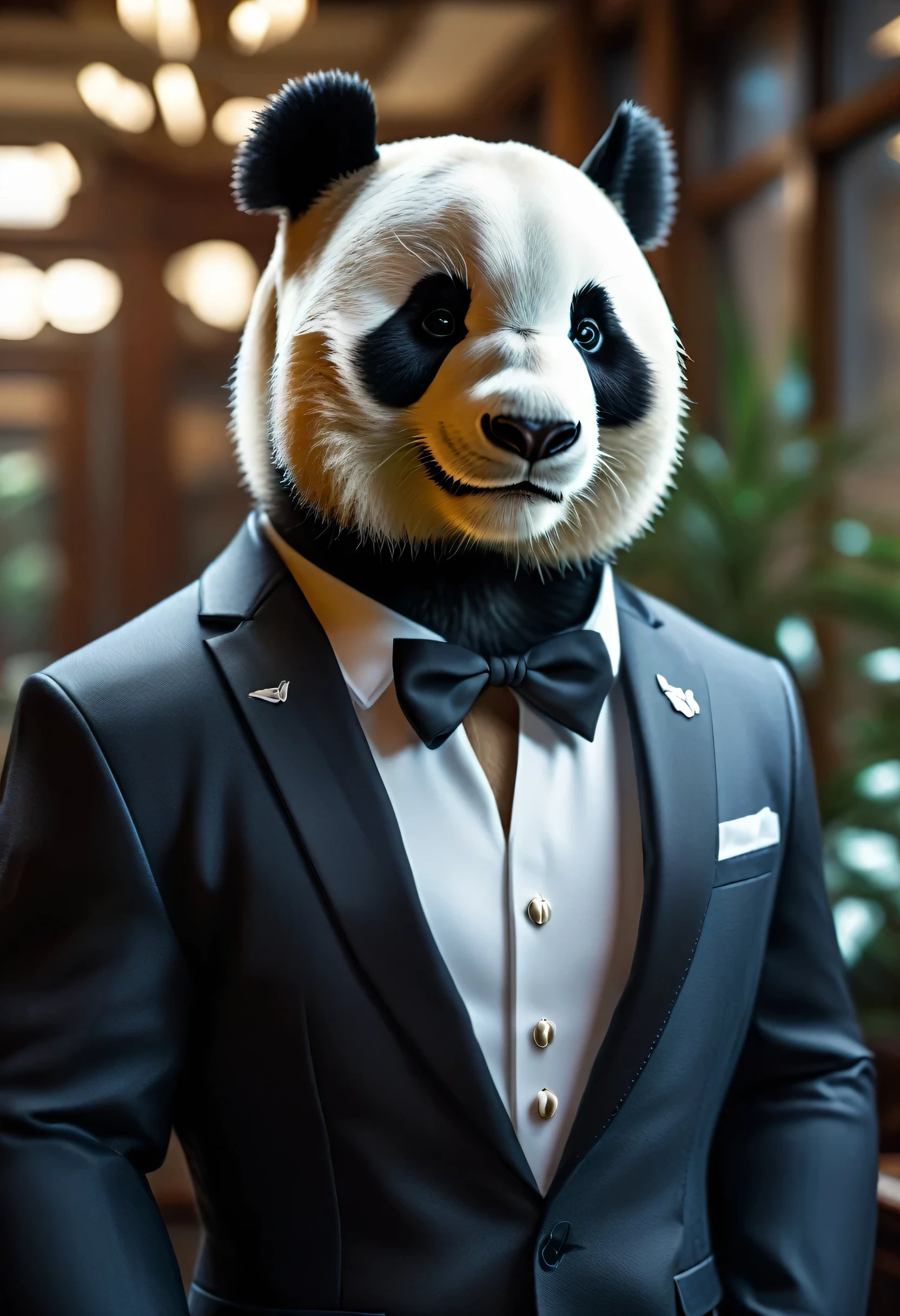 A realistic muscular panda wearing suit, realistic, midjourney, cinematic, photography, photorealistic, photorealism  