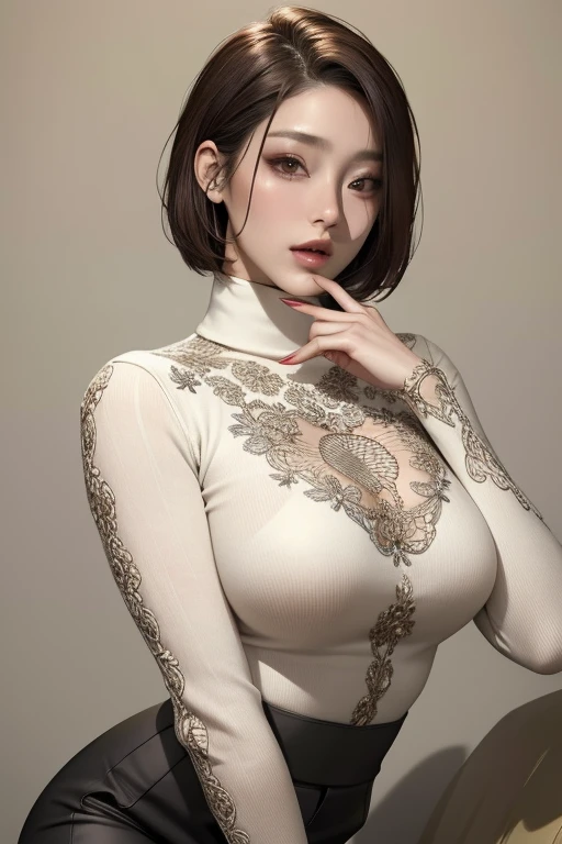 a K-pop idol wearing a turtle neck sweater,
(((masterpiece))), ((best quality)), ((intricate detailed)), ((Hyperrealistic)), absurd res, milf, mature woman, perspective, highly detailed, illustration, 1girl, ((large breasts)), perfect hands, detailed fingers, beautiful detailed eyes, short hair, brown eyes,(turtle neck:1.2), tight skirt, detailed background, choker, perfect eyes, seductive eyes, looking at the viewer, from front