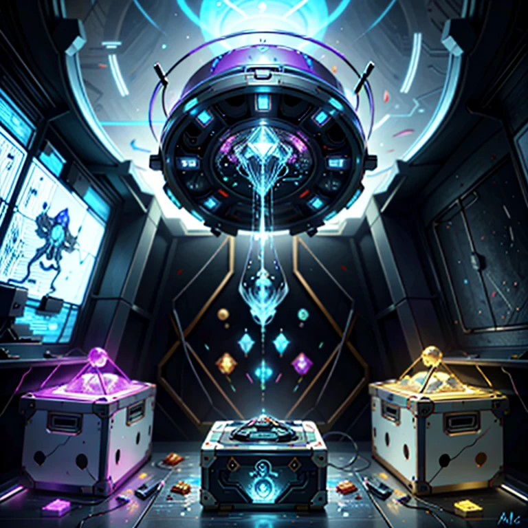 (best quality,4k,8k,highres,masterpiece:1.37), ultra-detailed, (realistic,photorealistic,photo-realistic:1.37), (aerial view), (top down perspective), (a futuristic artifact box full of retro video game cartridges:1.6), (Futuristic artifact box), (the artifact box is open), (The scene unfolds inside a mystical cavern:1.4), (dynamic angle:1.37), fractal_environment, (fantasy and sci-fi mixed:1.37), holographic glitch effects floats around the environment, vibrant colors, (A blue glow emanates from inside the treasure chest), glowing lights, (abandoned machinery), (there are video game cartridges and consoles on the background), mystical creatures, (there are crystal formations spreading on the background), (futuristic technology), (ancient artifacts), mystical energy, vibrant retro aesthetic, atmospheric lighting, ancient ruins, mysterious symbols, lush vegetation, nostalgic atmosphere, epic adventure, delightful surprises