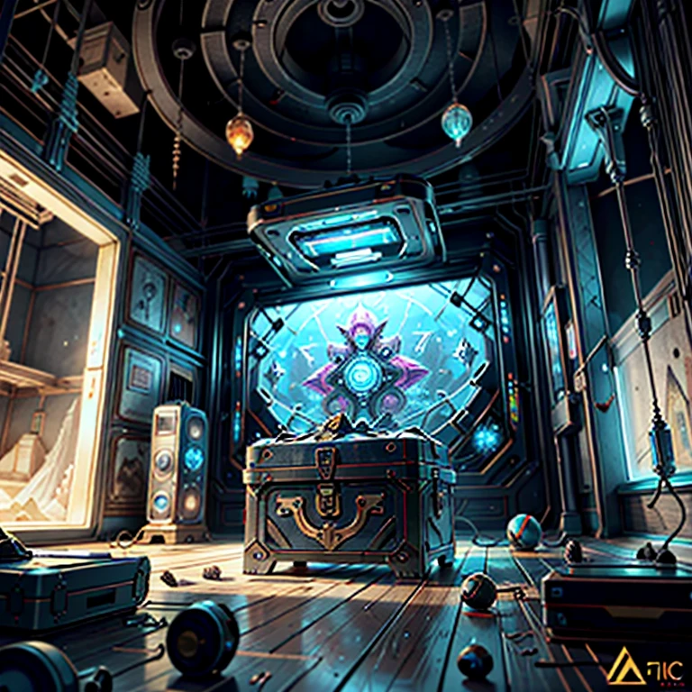 (best quality,4k,8k,highres,masterpiece:1.37), ultra-detailed, (realistic,photorealistic,photo-realistic:1.37), (aerial view), (top down perspective), (a futuristic artifact box full of retro video game cartridges:1.6), (Futuristic artifact box), (the artifact box is open), (The scene unfolds inside a mystical cavern:1.4), (dynamic angle:1.37), fractal_environment, (fantasy and sci-fi mixed:1.37), holographic glitch effects floats around the environment, vibrant colors, (A blue glow emanates from inside the treasure chest), glowing lights, (abandoned machinery), (there are video game cartridges and consoles on the background), mystical creatures, (there are crystal formations spreading on the background), (futuristic technology), (ancient artifacts), mystical energy, vibrant retro aesthetic, atmospheric lighting, ancient ruins, mysterious symbols, lush vegetation, nostalgic atmosphere, epic adventure, delightful surprises