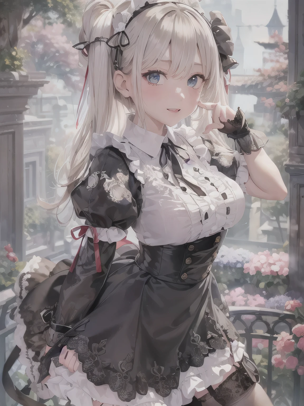 elvish, s girl, solo, full bodyesbian, platinum-blonde,Twin-tailed, blue eyes, Smiled, Standing, Greetings at Curtsy,
maid clothes(Solid black short dress, puff sleeves, Knee-length short dress, White cuffs with sleeves, 1 black button on cuffs, The collar is white, White Apron Dress(Shoulder buttons, White lace ruffles at shoulder straps, Big ribbon knot at the back))
Red Ascot Thailand,
Head headband with white lace ruffles,
Black garter stockings,
Black garter belt(Red flower embroidery on Boston)
white panniers(Lots of frills, The hem of the pannier is lace),
Black enameled shoes(high-heels),
Mucha style background