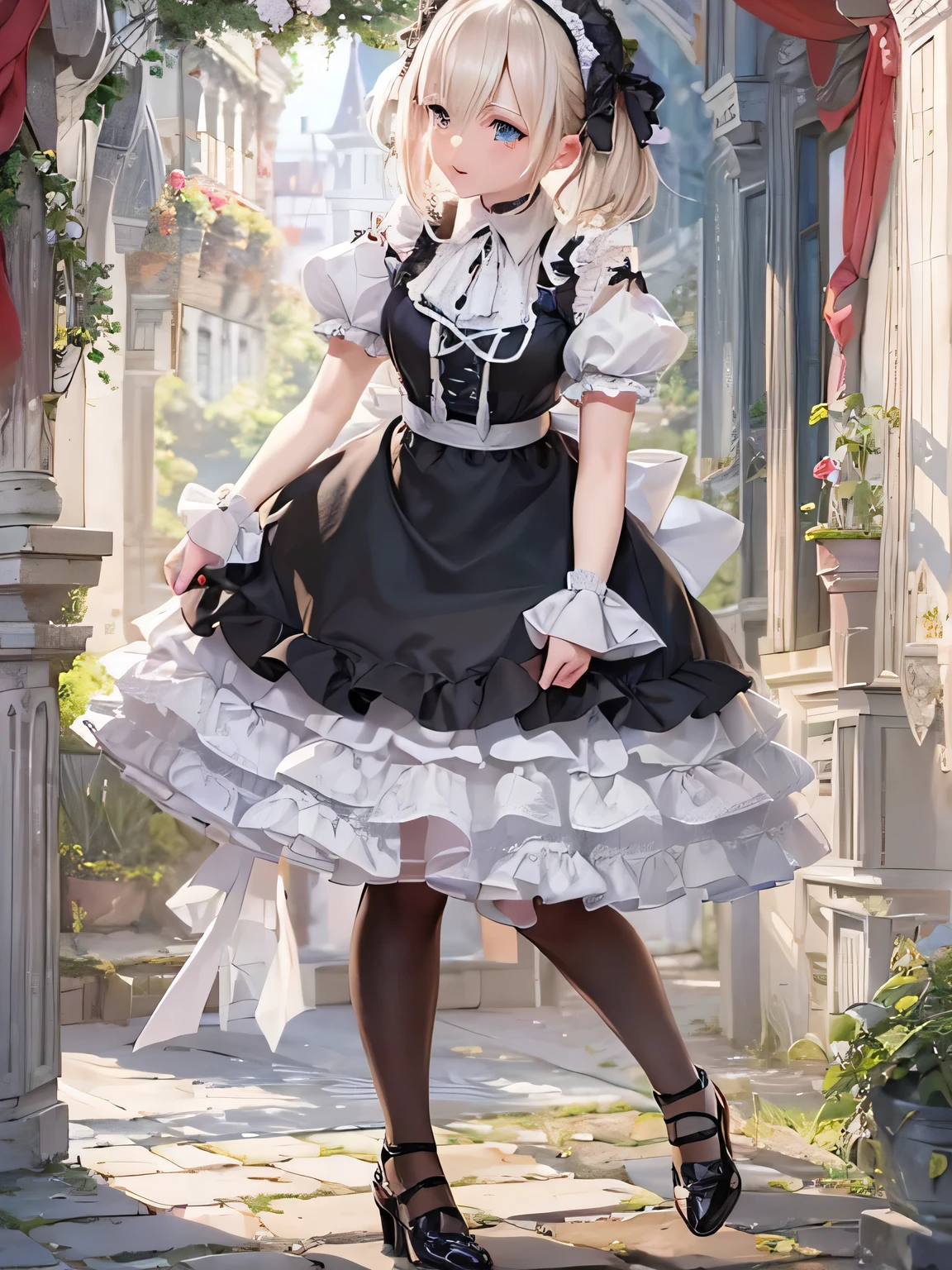 elvish, teens girl, solo, full bodyesbian, platinum-blonde,Twin-tailed, blue eyes, Smiled, Standing, Greetings at Curtsy, 
maid clothes(Solid black short dress, puff sleeves, Knee-length short dress, White cuffs with sleeves, 1 black button on cuffs, The collar is white, White Apron Dress(Shoulder buttons, White lace ruffles at shoulder straps, Big ribbon knot at the back))
Red Ascot Thailand, 
Head headband with white lace ruffles, 
Black garter stockings,
Black garter belt(Red flower embroidery on Boston)
white panniers(Lots of frills, The hem of the pannier is lace), 
Black enameled shoes(high-heels),
Mucha style background