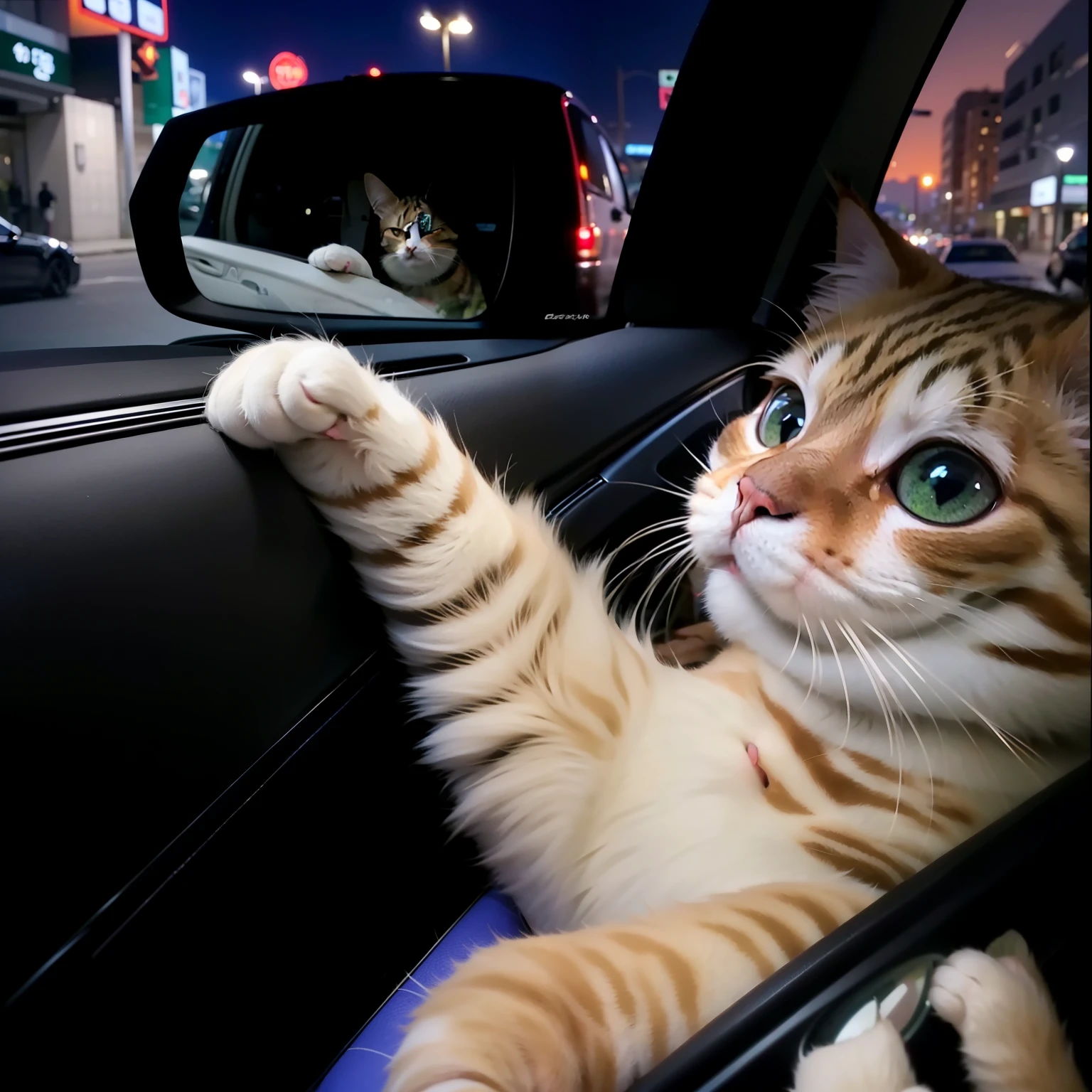 There is a cat sitting in the back seat of the car, A cat that can drive, wave at the camera, driving a car, Paws on the steering wheel, sitting in her car, wave and smiling, Paw perspective, wave, great cat, funny cat, Paw on top, holding paw, cute cat, curious expression, riding on the road