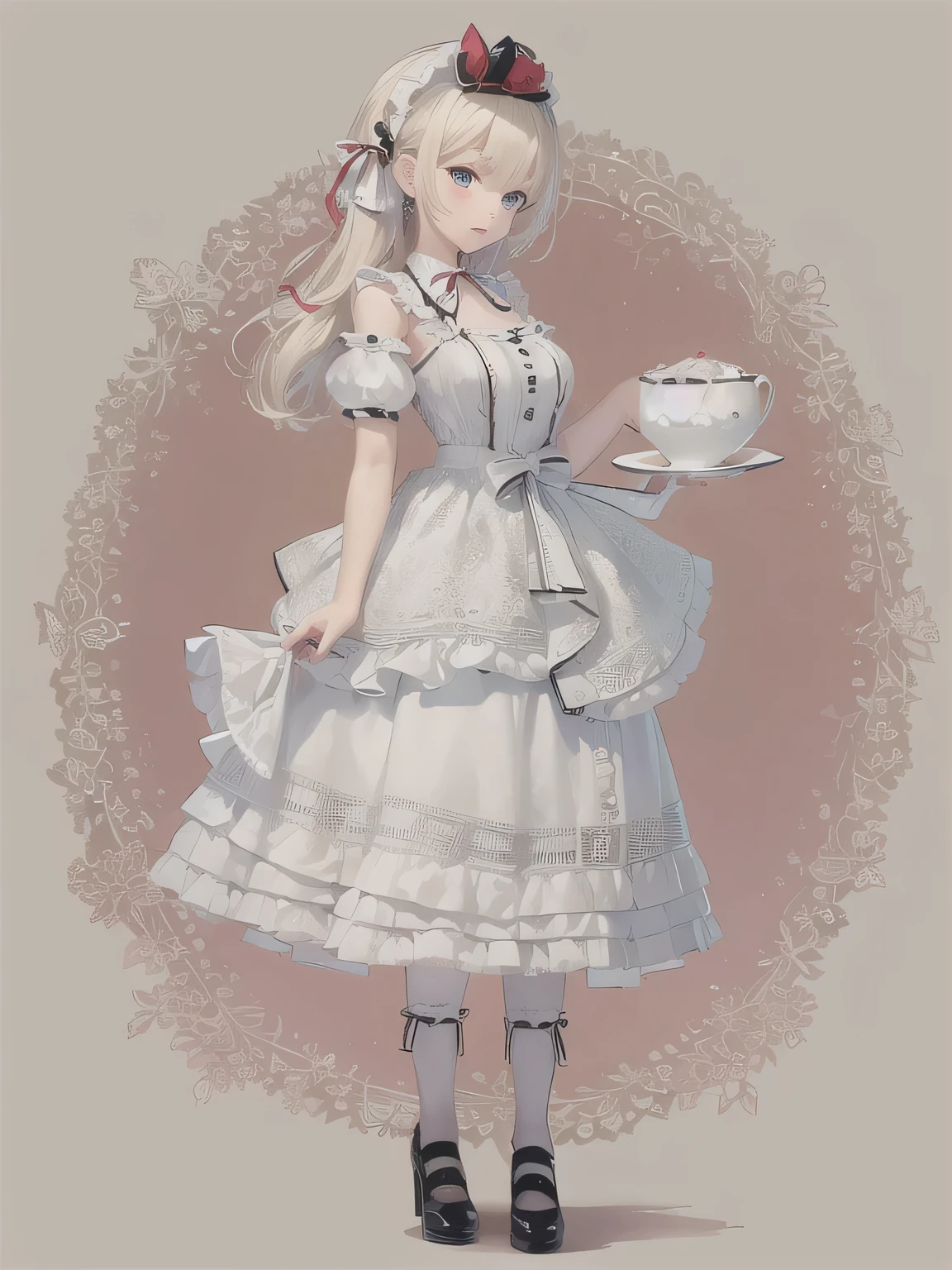elvish, teens girl, solo, full bodyesbian, platinum-blonde,Twin-tailed, blue eyes, Smiled, Standing, Greetings at Curtsy,
maid clothes(Solid black short dress, puff sleeves, Knee-length short dress, White cuffs with sleeves, 1 black button on cuffs, The collar is white, White Apron Dress(Shoulder buttons, White lace ruffles at shoulder straps, Big ribbon knot at the back))
Red Ascot Thailand,
Head headband with white lace ruffles,
Black garter stockings,
Black garter belt(Red flower embroidery on Boston)
white panniers(Lots of frills, The hem of the pannier is lace),
Black enameled shoes(high-heels),
Mucha style background