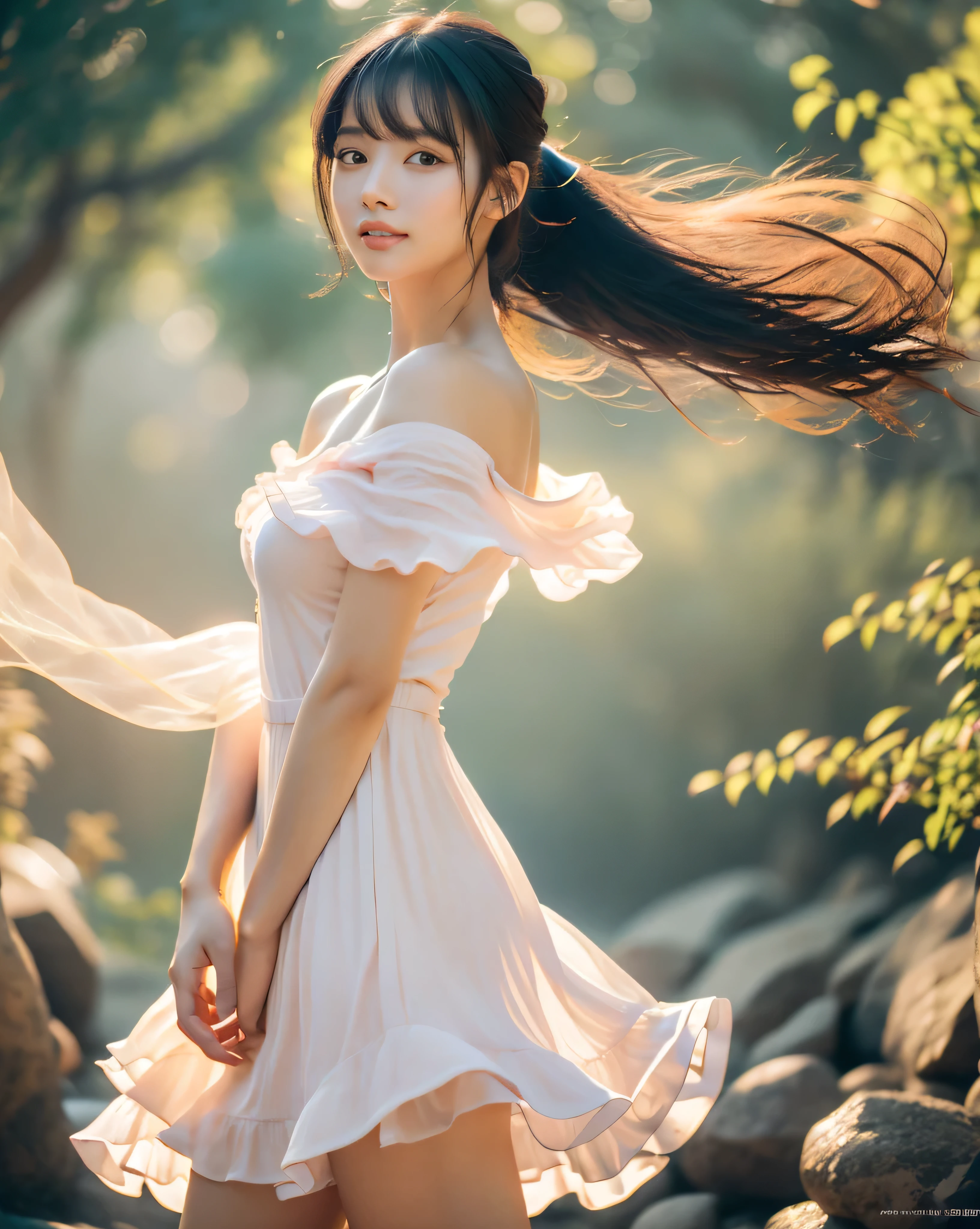 (highest quality, 32k, High resolution, masterpiece:1.5,), Haunting fantasy portrait in abstract style, ((In a swirl of fantastic pastel colors and soft light)), Evoking a sense of soothing tranquility and elusive beauty, Award-winning masterpiece with amazing details, beautiful japanese woman, whole body, Low - Angle, perfect human anatomy, big magical eyes, gentle smile, ((shiny black hair)), Detailed wind-torn ponytail, Beautiful asymmetrical bangs, hair between eyes, smooth and soft skin, thin eyebrows, clear double eyelids, Attractive pink lips, ((white see-through dress, off shoulder, mini skirt, Absolute area)), High resolution perfect clavicle, Beautiful chest in high resolution, Slender body with plump breasts, High resolutionの美しい太もも, ((Colorful glowing light effect:1.3)), gentle sunlight, professional lighting, professional photographer, Professional models,mysterious