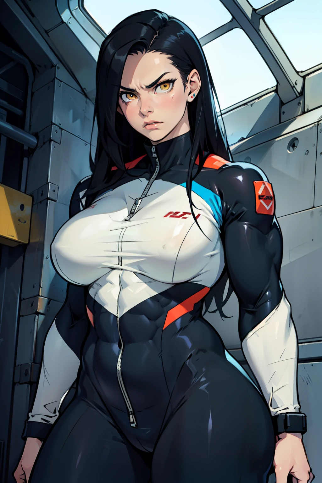 angry girl pale skin (((((muscular girl))))) (((thick))) (((large breasts))) pilot suit bodysuit black hair yellow eyes very long hair very long hair very long hair