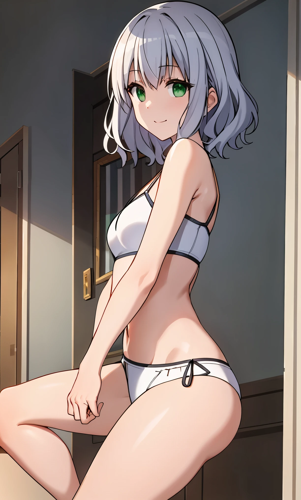 (muse), gray hair, short hair, hair ornament, green eyes, light in the eyes,
BREAK (white underwear,thin clothing,:1.2)
BREAK smile, watch viewer, circle of angels, in the middle of changing clothes, from the knee up, shining skin, fair skin, 
BREAK own room, 
BREAK (masterpiece:1.2), best quality, high resolution, unity 8k wallpaper,NSFW ,(illustration:0.8), extremely detailed face, perfect lighting, extremely detailed CG, (perfect hands, perfect anatomy),