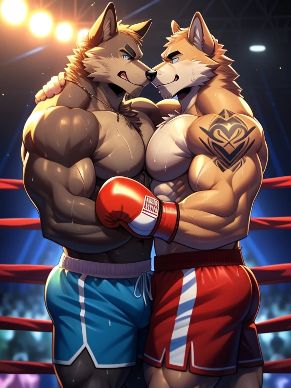 Duo male fighters(Brown Wolf vs Gray Wolf, handsomes, perfect eyes, Thick eyebrows), beso gay(Embraced from the shoulders in a boxing match), hot(Full body, shirtless), handsomes(They are handsomes, correct anatomy), musculosos(Big muscle bodies, Six packs, muscle abs, big pecs, muscle legs, muscle backs), sweaty(very sweaty wet bodies), tatuajes(they have tattoos), Angry(They have an angry expression), Boxing gloves(They both are wearing boxing gloves), boxers(They are wearing shorts boxers), Hight resolution