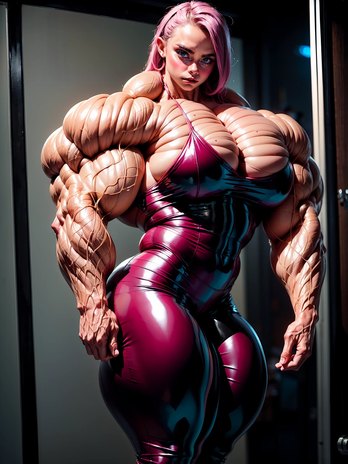 (1 girl), (cara delevingne), young girl, masculine physique, seductive face, seductive look, long pink hair, perfect muscular body, super skinny legs, latex pants, sissy, femboy, (huge muscular arms:1.25),