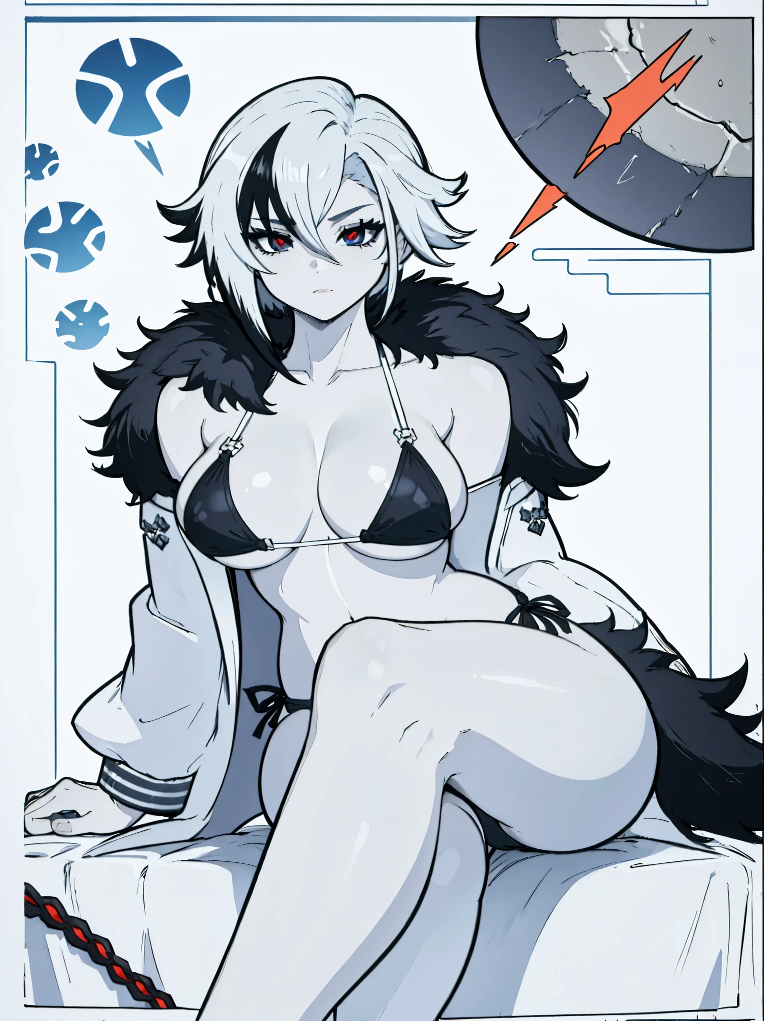 1girl ,bare shoulders,bikini,black bikini,black hair,breasts,cleavage,crossed legs,fur-trimmed jacket,fur trim,grey eyes,grey jacket,halterneck,jacket,large breasts,long hair,looking at viewer,multicolored hair,off shoulder,red pupils,sitting,solo,streaked hair,swimsuit,symbol-shaped pupils,thighs,white background,white hair,x-shaped pupils