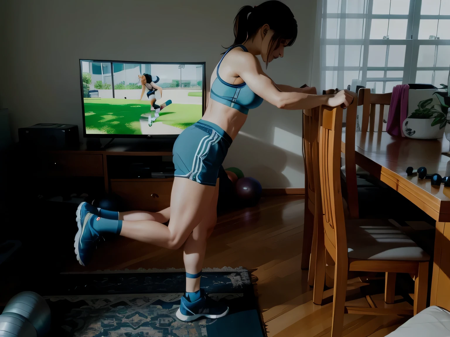 woman in blue shorts and gray top playing wii on a television, working out, cottagecore!! fitness body, workout, fit pic, side view of her taking steps, lunging at camera :4, legs and arms, in shape, wearing fitness gear, indoor shot, leg and hip shot, fit body, sport bra and dark blue shorts, side shot, high quality, 8k